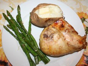 Easy Chicken and Wine, asparagus, baked potato